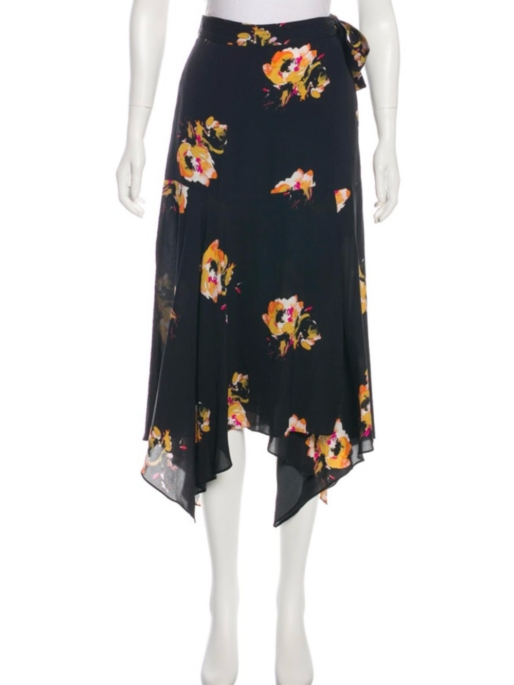 🖤 A.L.C. Black Silk Wrap Skirt with Yellow & Pink Floral Print